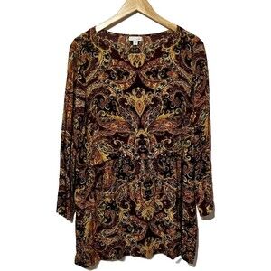J. Jill Women's Cute Hippie Tunic Blouse Top Paisley Boho Long Sleeve Size Large
